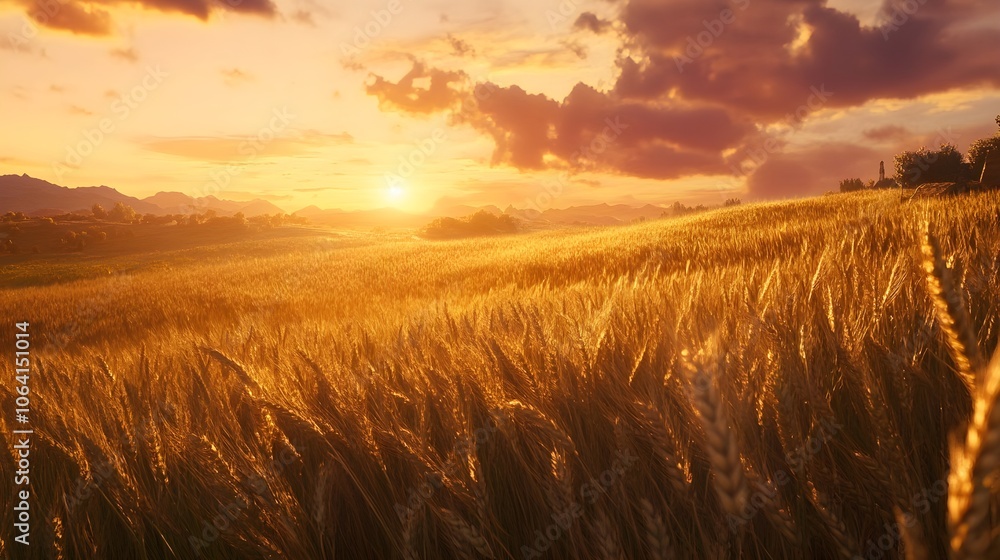 A golden wheat field stretching out under a vibrant sunset, with tall wheat stalks swaying gently and warm sunlight casting long shadows A golden wheat field stretching out under a vibrant sunset, with tall wheat stalks swaying gently and warm sunlight casting long shadows