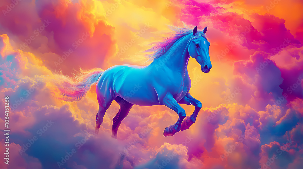 Vivid painting of a mystical blue horse galloping through colorful, swirling clouds, blending imagination and fantasy in a vibrant display. Mystical. Illustration Vivid painting of a mystical blue horse galloping through colorful, swirling clouds, blending imagination and fantasy in a vibrant display. Mystical. Illustration