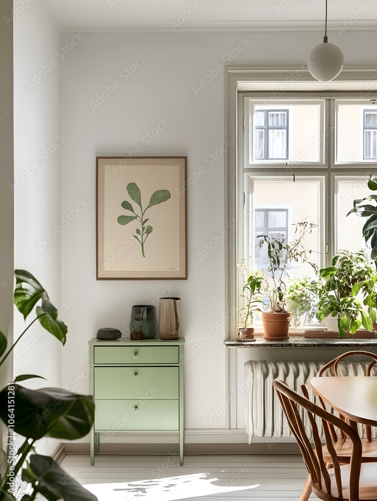 Fototapeta premium A green picture frame on a white wall in a Scandinavian-style room, surrounded by wooden furniture and plants with natural light. 