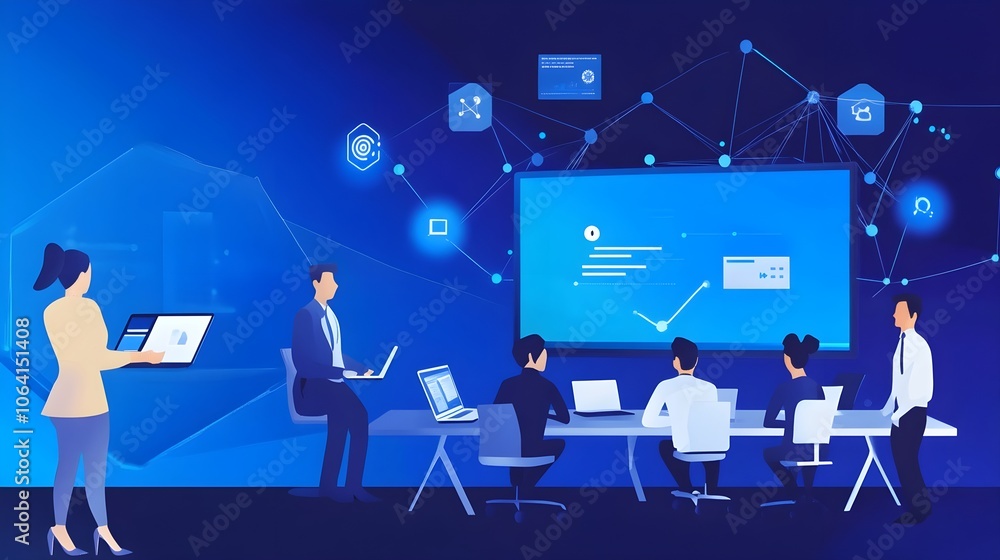 A group in a conference room connecting to remote team members via a large screen, laptops open, showing seamless communication A group in a conference room connecting to remote team members via a large screen, laptops open, showing seamless communication
