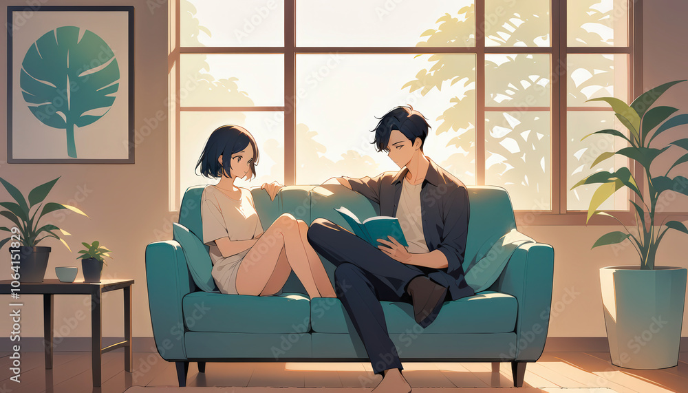 Modern, sleek graphic design illustration of a man & a woman sitting relaxed on a contemporary couch, reading a book. The room is minimalist, with clean lines, simple furniture, and a neutral palette Modern, sleek graphic design illustration of a man & a woman sitting relaxed on a contemporary couch, reading a book. The room is minimalist, with clean lines, simple furniture, and a neutral palette