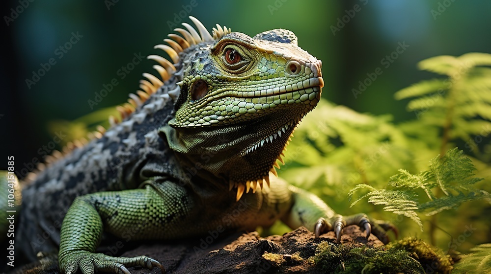 A close-up portrait of a green iguana with a spiky crest, looking directly at the camera, with green foliage in the background. A close-up portrait of a green iguana with a spiky crest, looking directly at the camera, with green foliage in the background.