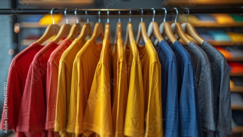 Wallpaper Mural An engaging display of colorful t-shirts on hangers, offering a visual feast of styles and designs that appeal to creative fashion lovers looking for inspiration. AI generative Torontodigital.ca