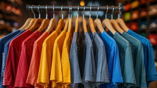 This photograph features an assortment of colorful t-shirts on hangers, showcasing a variety of artistic prints and vibrant colors ideal for casual wear and fashion inspiration. AI generative