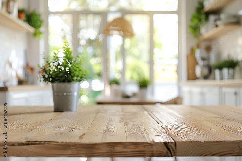 A close-up view of a rustic wooden table with a potted plant in front of a blurred kitchen background. A close-up view of a rustic wooden table with a potted plant in front of a blurred kitchen background.