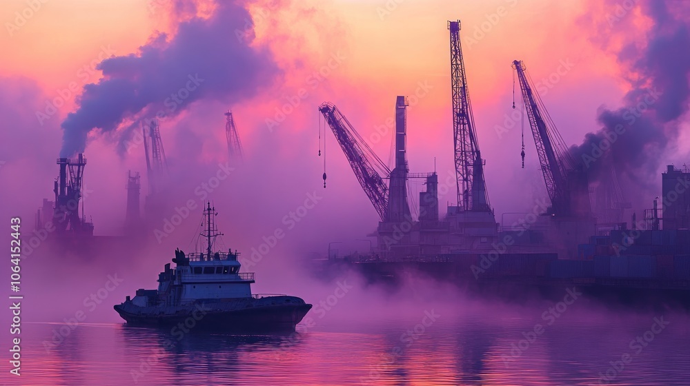 Industrial Shipyard at Dawn with Cranes and Fog