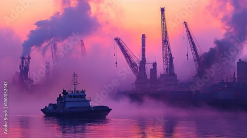 Industrial Shipyard at Dawn with Cranes and Fog