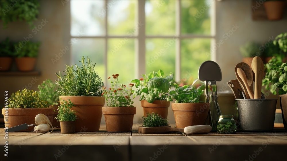 A rustic wooden table with a variety of potted herbs, gardening tools, and a window with a view of a green garden. A rustic wooden table with a variety of potted herbs, gardening tools, and a window with a view of a green garden.