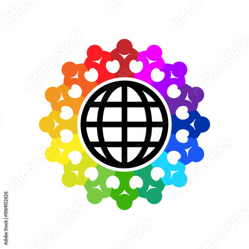 Abstract people holding hands around of world globe symbol. Vector isolated on white background.	
