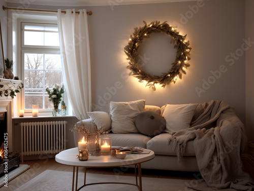 Festive Christmas wreath on the wall in modern living room decorated for holiday season. Interior with Christmas decor.