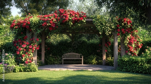 Wallpaper Mural A wooden pergola covered in vibrant red roses stands in a lush garden with a bench in the center. Torontodigital.ca