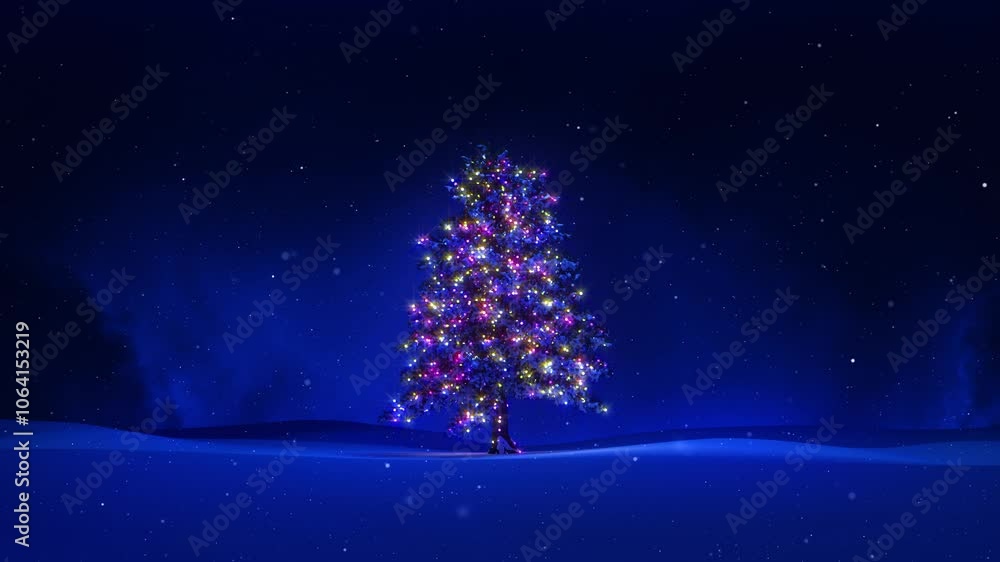 An animated 3D scene of snowflakes illuminates the forest, sweeping across the meadow to the Christmas tree An animated 3D scene of snowflakes illuminates the forest, sweeping across the meadow to the Christmas tree