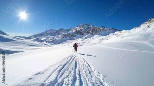 Snowboarder in action on a snowy mountain landscape, bright winter day, snow flying, panoramic view