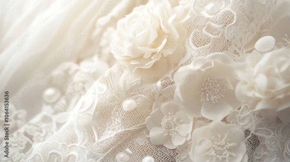 Closeup of delicate white lace fabric with 3D floral embellishments, soft and romantic texture. Closeup of delicate white lace fabric with 3D floral embellishments, soft and romantic texture.