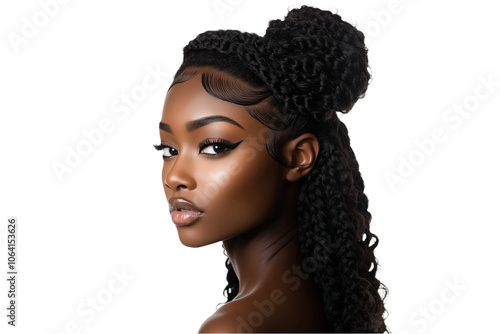 African woman with curly long hair in bun on isolated transparent background. Dark hair styled with single hair clip. Woman gaze off to side, neutral expression. Calm, composed demeanor. Alpha mask. photo