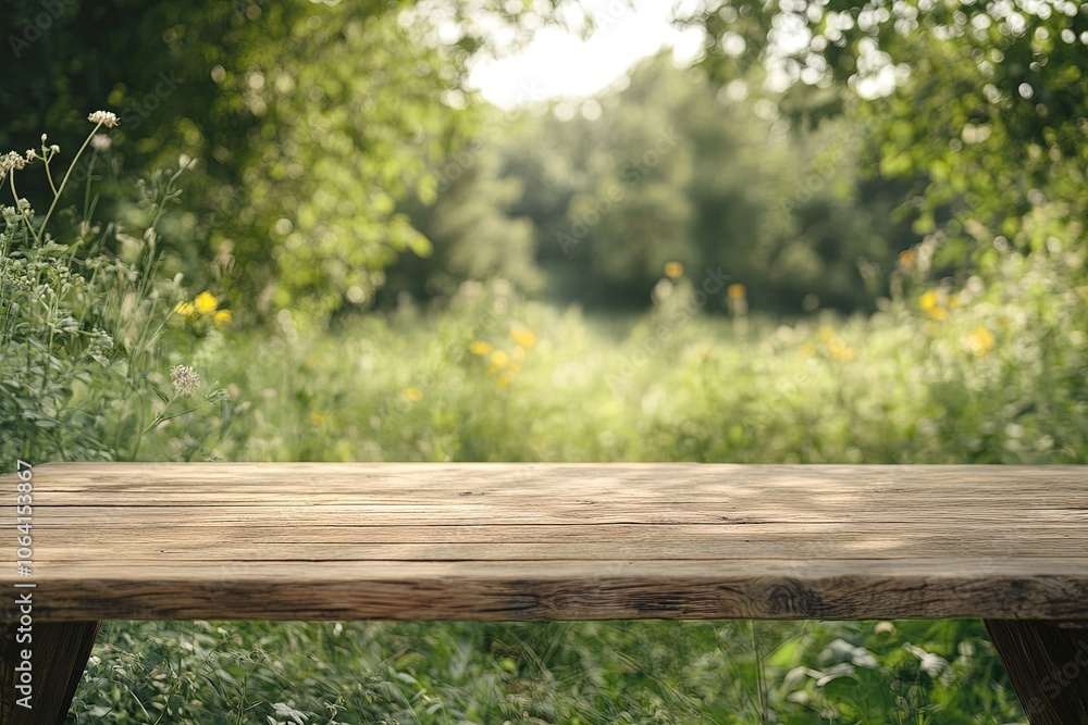 A Rustic Wooden Table in a Serene Forest Clearing Surrounded by Vibrant Greenery in Early Morning Light A Rustic Wooden Table in a Serene Forest Clearing Surrounded by Vibrant Greenery in Early Morning Light