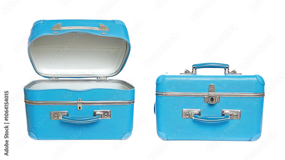 Two Blue Suitcases Open and Closed on a White Background Generative AI Two Blue Suitcases Open and Closed on a White Background Generative AI