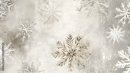 Winter seamless background with snowflakes pattern. Silver gold boho nautral baige Christmas motif.
 photo