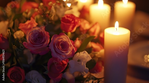 A close-up of a table setting with pink roses and lit candles.