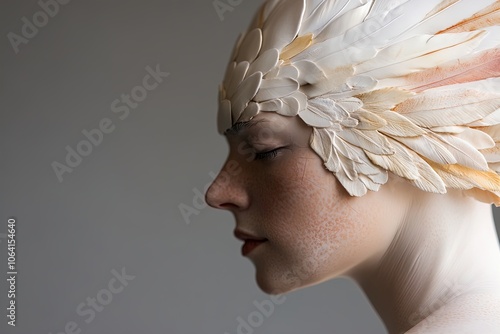 A Profile View of a Model Adorned With Delicate Feather-Like Headpiece Showcasing Artistry and Creativity photo