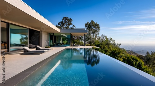 A luxurious modern villa in the hills of California, with large glass windows, a sleek minimalist facade, and an infinity pool overlooking a scenic view