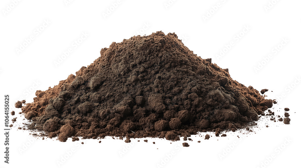Close-up view of dark brown soil mound. Rough texture from small particles. Central location in frame, extending from top to bottom. Light gray background contrasts with soil. Transparent isolated. Close-up view of dark brown soil mound. Rough texture from small particles. Central location in frame, extending from top to bottom. Light gray background contrasts with soil. Transparent isolated.