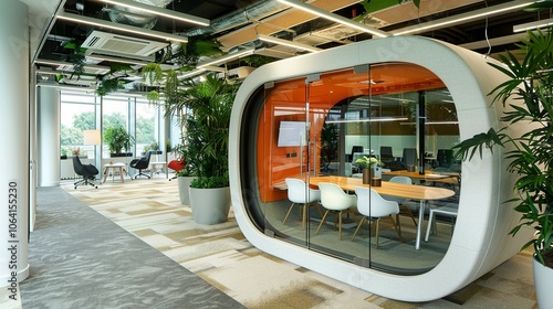 Modern Office Meeting Pod with Glass Walls and Plants
