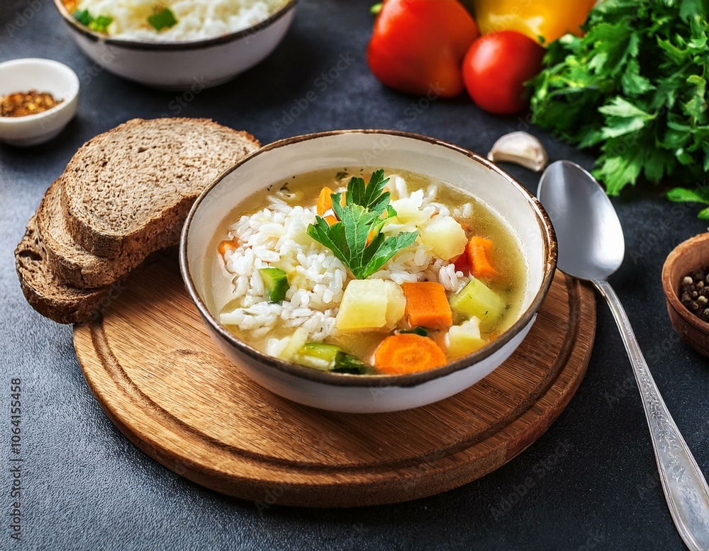 vegetable soup with rice and whole grain bread on the table. on a wooden cutting board vegetable soup with rice and whole grain bread on the table. on a wooden cutting board
