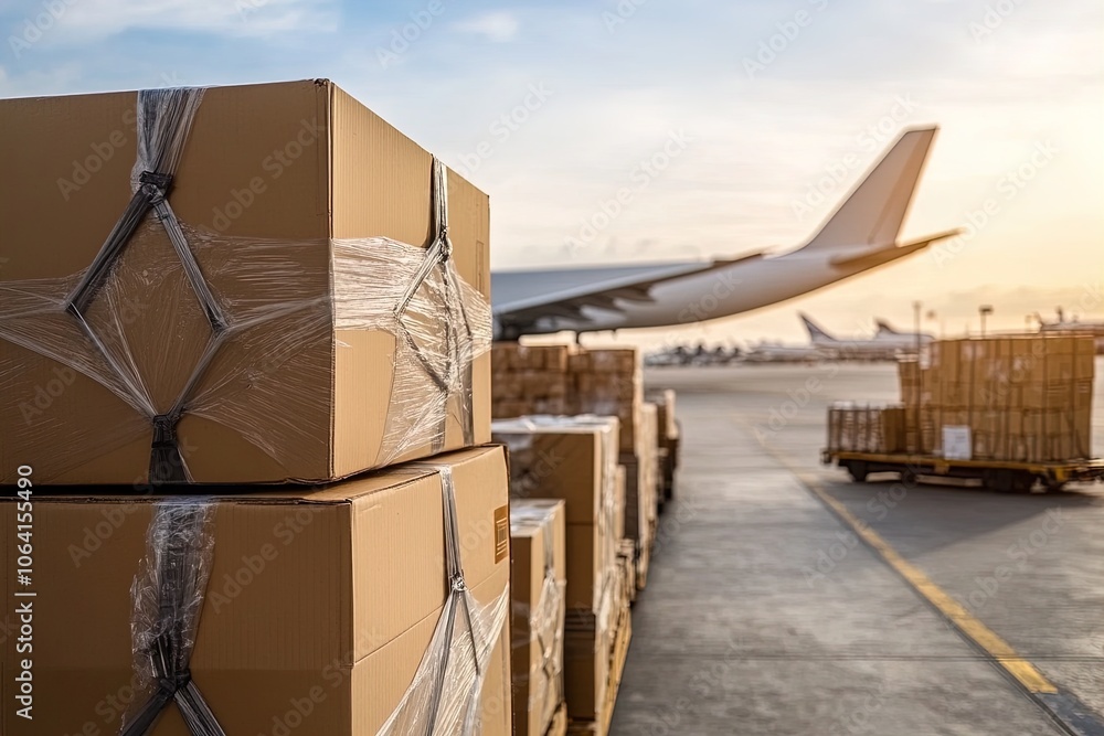 Cargo Boxes Stacked at an Airport Loading Area With an Airplane Preparing for Takeoff in the Background During Sunset Cargo Boxes Stacked at an Airport Loading Area With an Airplane Preparing for Takeoff in the Background During Sunset