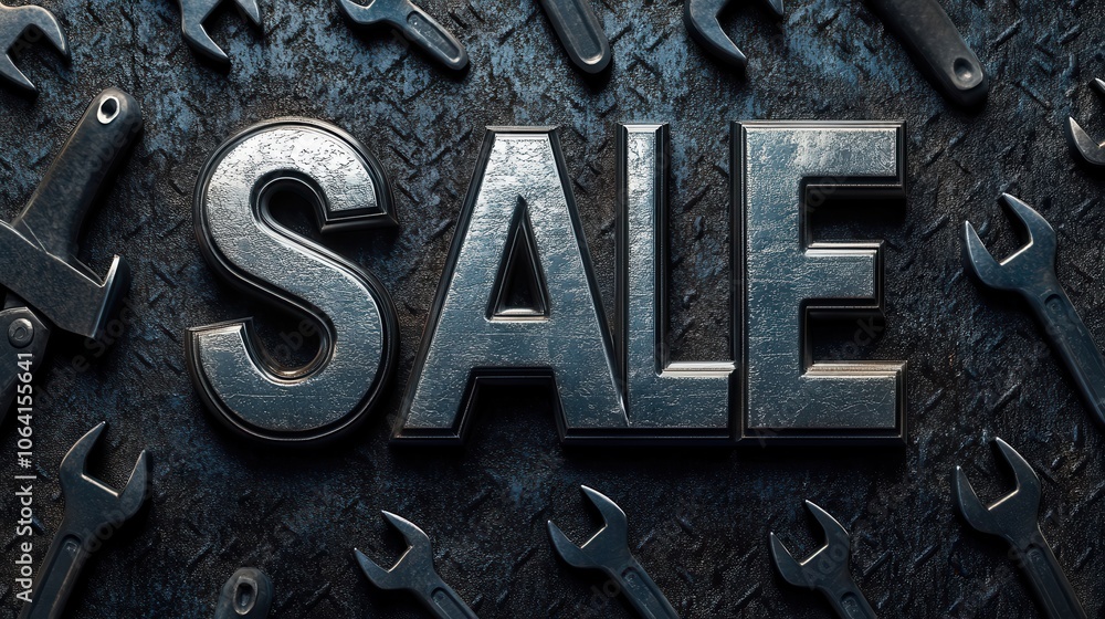 Bold SALE Text with Tools on Dark Automotive Background Bold SALE Text with Tools on Dark Automotive Background