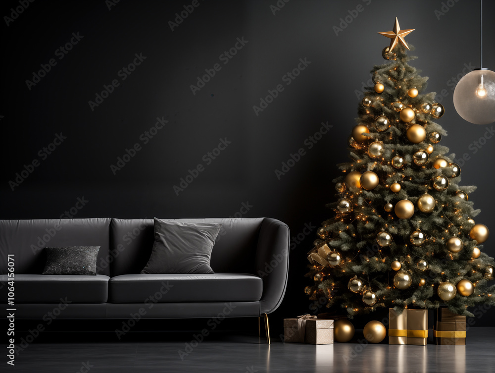 Luxurious majestic Christmas tree in elegant and modern style living room in bold and neutral living room with silver and gold accents, Luxurious majestic Christmas tree in elegant and modern style living room in bold and neutral living room with silver and gold accents,