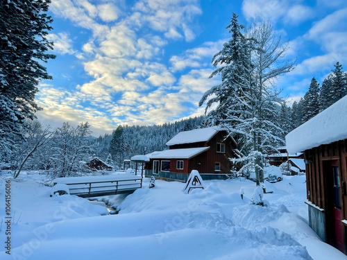 Snowed in mountain cabin in the woods