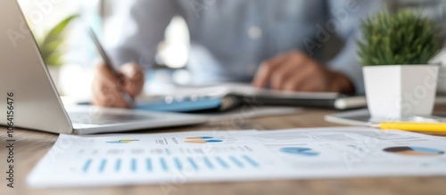 financial documents and performance metrics on a desk in a modern office while a professional prepares detailed reports