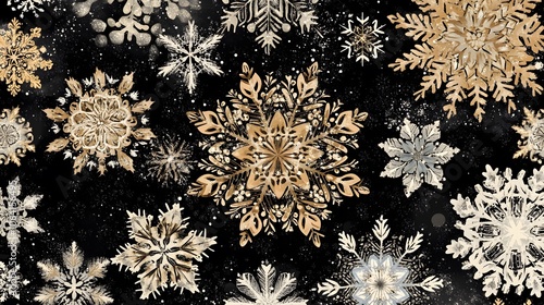 Winter seamless background with snowflakes pattern. Silver gold boho nautral baige Christmas motif.
 photo