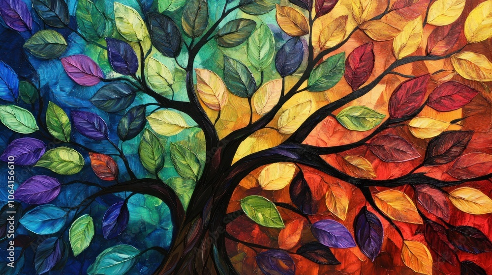 An abstract painting of a tree with colorful leaves, transitioning from dark blue to bright yellow and red. An abstract painting of a tree with colorful leaves, transitioning from dark blue to bright yellow and red.
