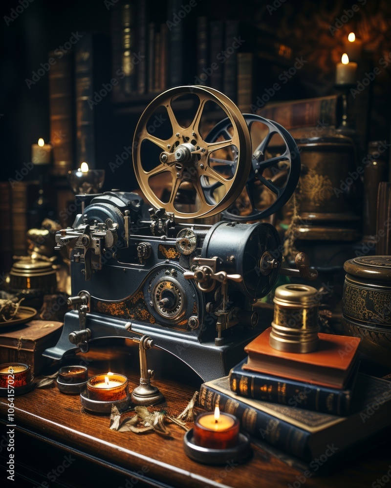 Fototapeta premium Vintage Industrial Machine with Gears and Books in Candlelight, Creating a Nostalgic Still Life