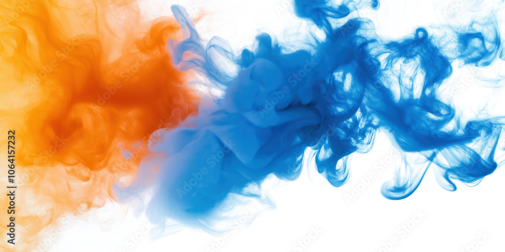 Fototapeta premium Gradient of blue, orange colors in abstract scene. Vibrant blue, orange smoke flows in smooth, swirling motion. Isolated alpha background highlights colors. Colors transition from deep blue to orange