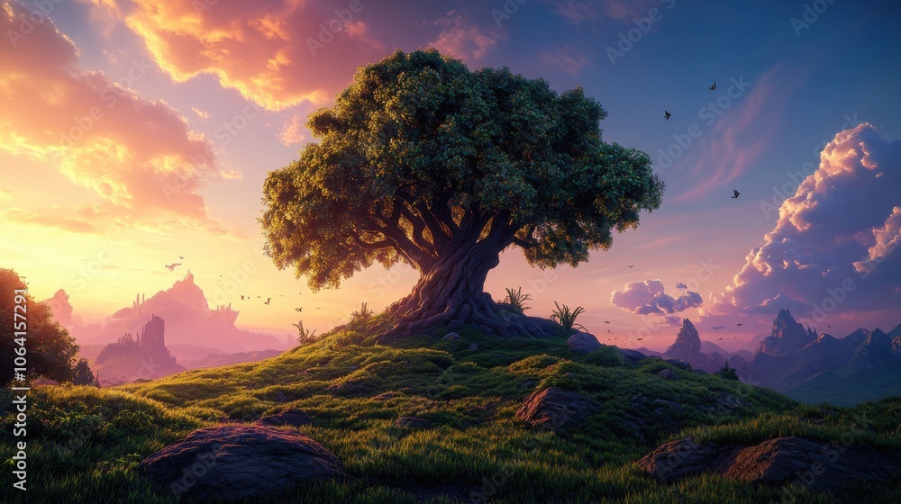 Majestic Tree Under Vibrant Sunset Skies Majestic Tree Under Vibrant Sunset Skies