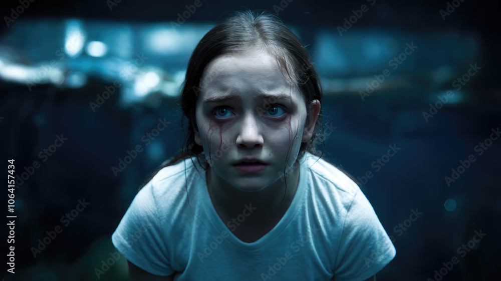 A young girl with red eyes and a black eye liner is staring at the camera. The image has a dark and eerie mood, with the girl's expression and the red eye liner adding to the unsettling atmosphere A young girl with red eyes and a black eye liner is staring at the camera. The image has a dark and eerie mood, with the girl's expression and the red eye liner adding to the unsettling atmosphere