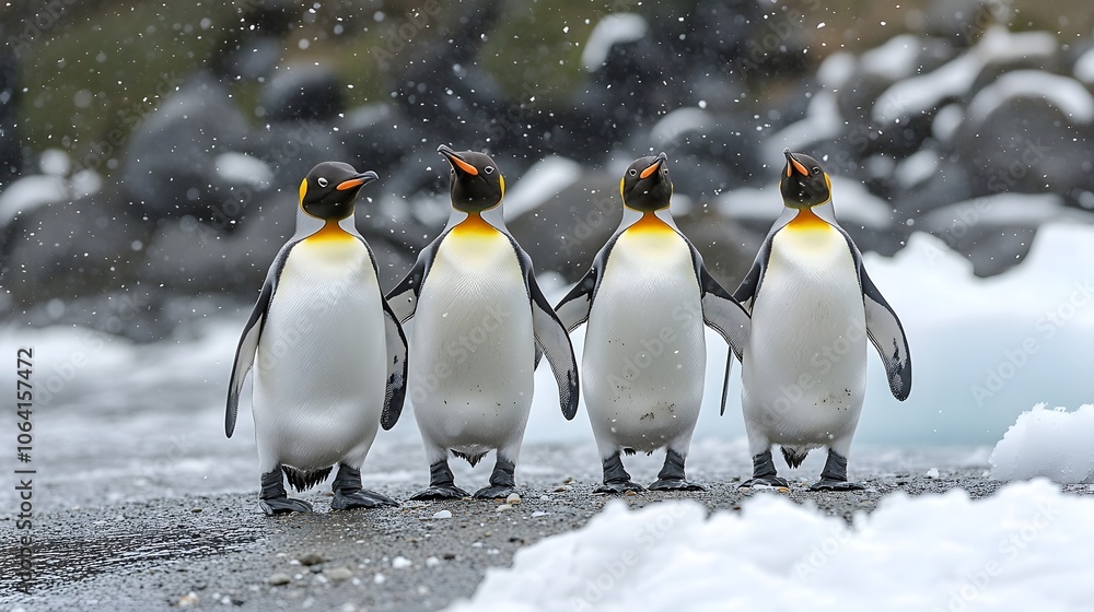 Fototapeta premium Penguins standing on the shore of a snow covered Antarctic island
