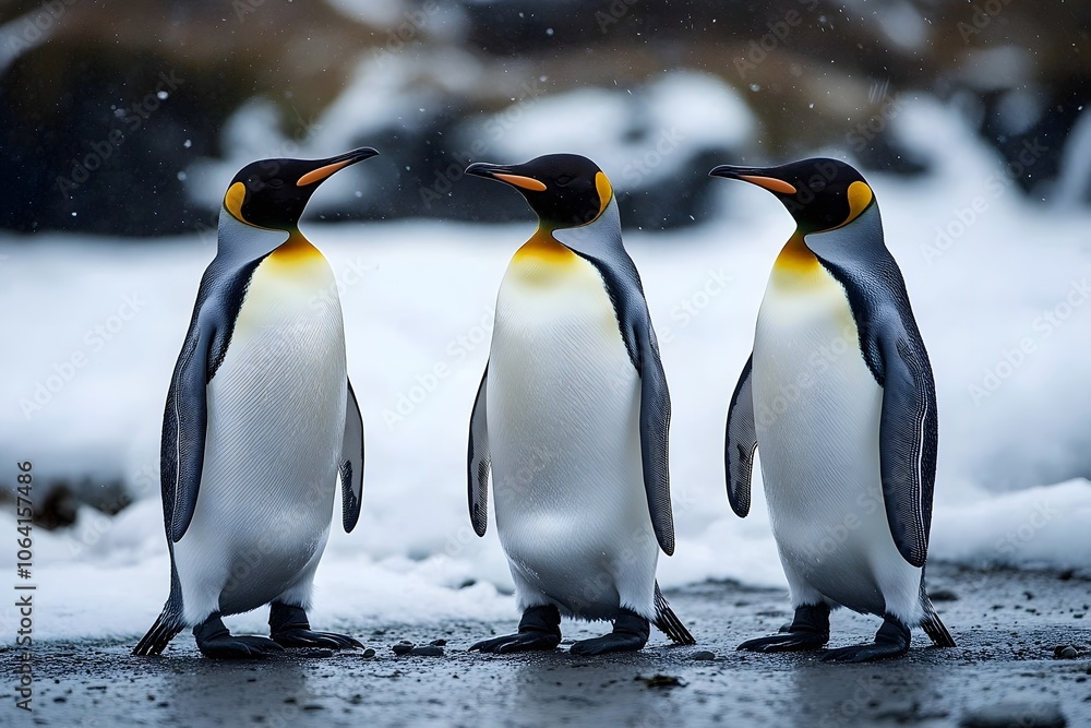 Fototapeta premium Penguins standing on the shore of a snow covered Antarctic island
