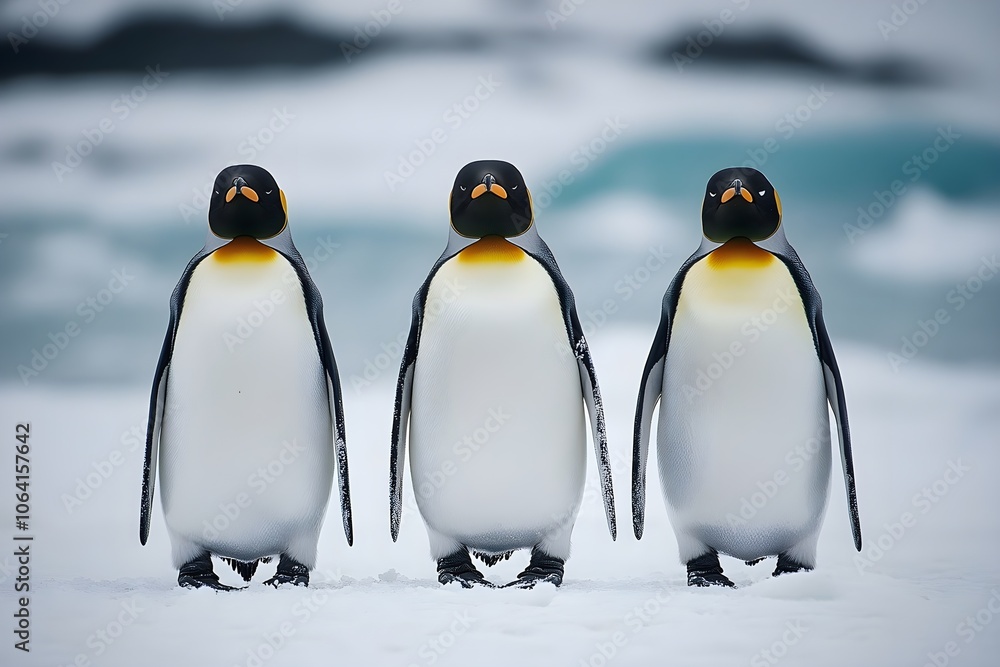 Obraz premium Penguins standing on the shore of a snow covered Antarctic island