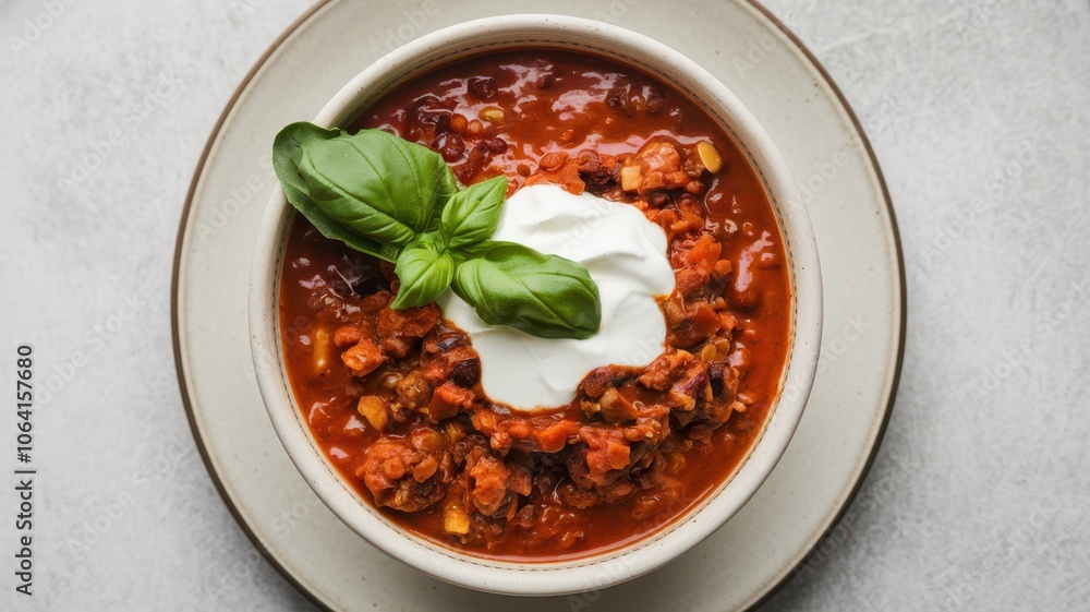 Bowl of Spicy Chili with Basil and Sour Cream Garnish Bowl of Spicy Chili with Basil and Sour Cream Garnish