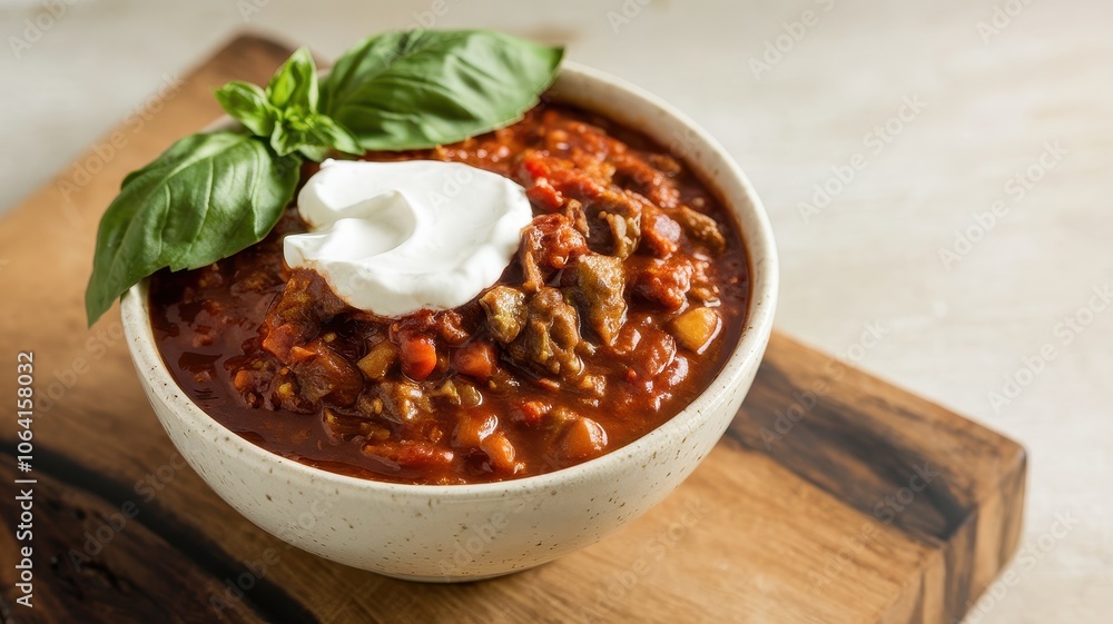 Bowl of Spicy Chili Served in Ceramic Dish with Herbs Bowl of Spicy Chili Served in Ceramic Dish with Herbs
