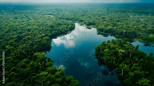 Aerial view of Amazon rainforest in Brazil, South America. Green forest. Bird's-eye view. 