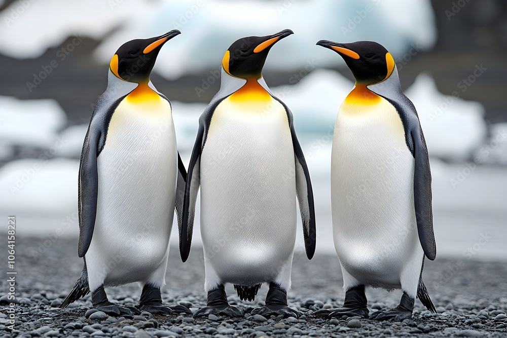 Fototapeta premium Penguins standing on the shore of a snow covered Antarctic island