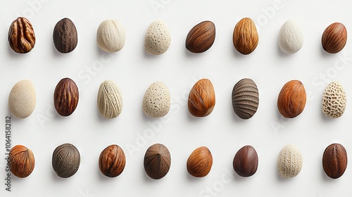   A variety of nuts arranged on a white backdrop