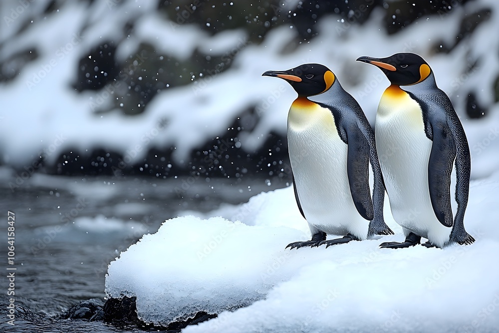 Fototapeta premium Penguins standing on the shore of a snow covered Antarctic island