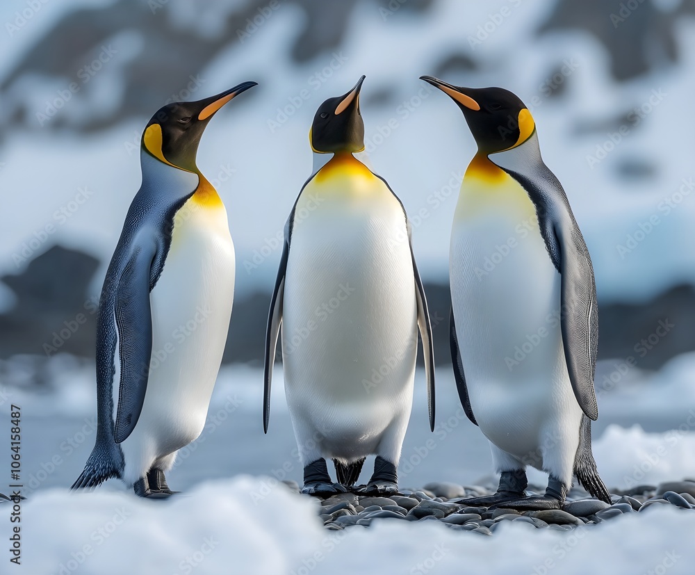 Fototapeta premium Penguins standing on the shore of a snow covered Antarctic island