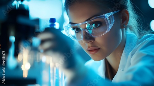 Focused Female Scientist Wearing Safety Glasses in a Laboratory